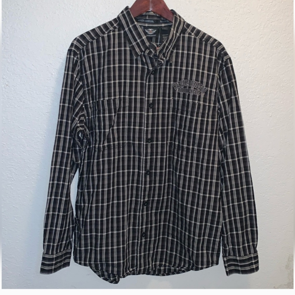 Harley Davidson Black and White Plaid Button-Up Shirt